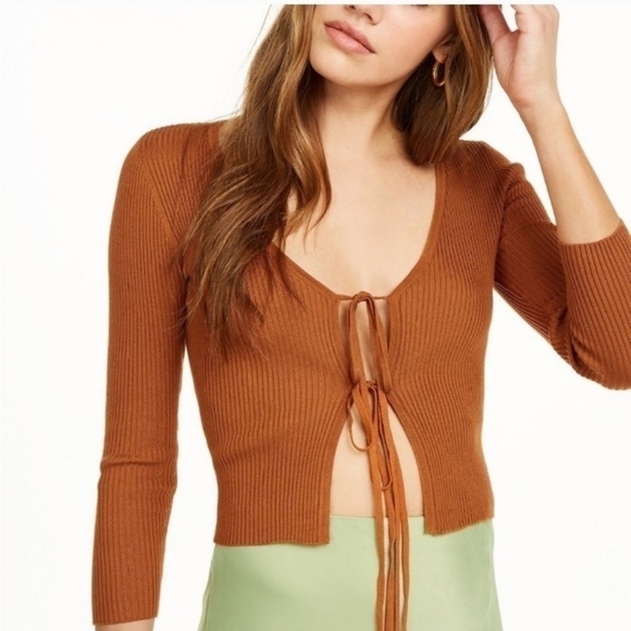 DANIELLE BERNSTEIN Sweaters - Danielle Bernstein Tie Front Ribbed Crop Cardigan Honey Ginger NWT Size 1X